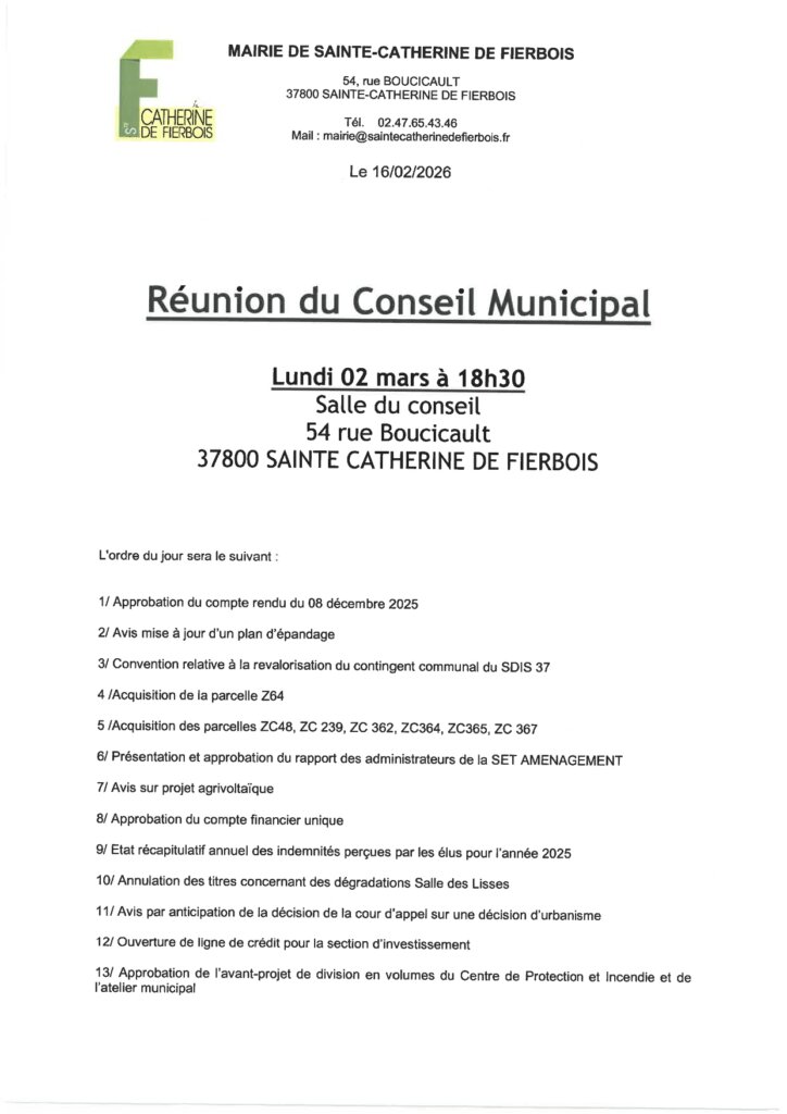 Odre du jour réunion conseil municipal mars 2026